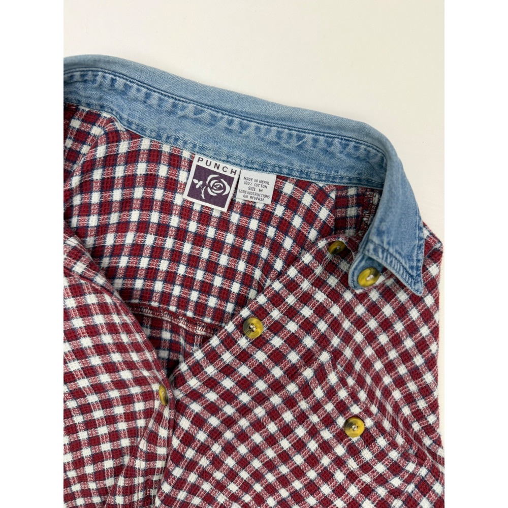 Vintage Red Gingham Waffle Texture Button Down Shirt Denim Collar Cotton Nepal M - Picture 3 of 10